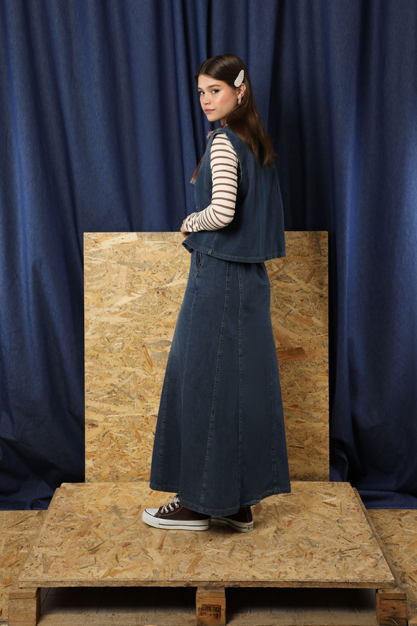 Denim Yelekli Etek Takım Koyu Mavi - 6
