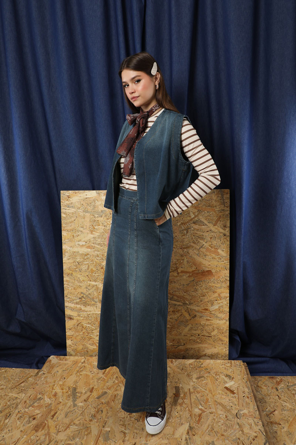 Denim Yelekli Etek Takım Koyu Mavi - 2