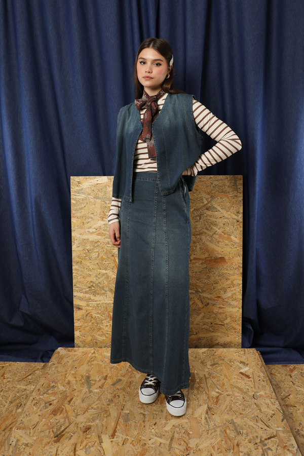 Denim Yelekli Etek Takım Koyu Mavi - 4