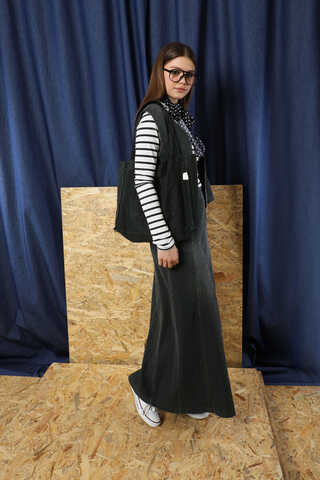 Denim Yelekli Etek Takım Siyah - 3