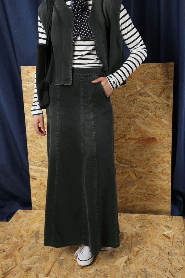 Denim Yelekli Etek Takım Siyah 