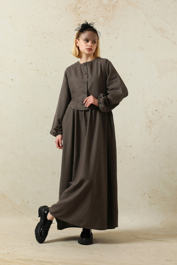 Yelekli Keten Elbise Antrasit - 1