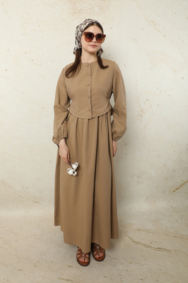 Yelekli Keten Elbise Camel - 2
