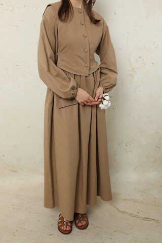 Yelekli Keten Elbise Camel - 4