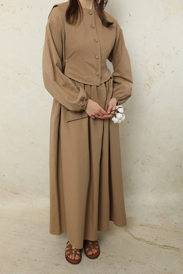 Yelekli Keten Elbise Camel - 4