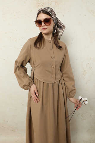 Yelekli Keten Elbise Camel - 5