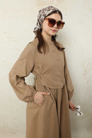 Yelekli Keten Elbise Camel - 1