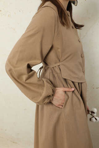 Yelekli Keten Elbise Camel - 6