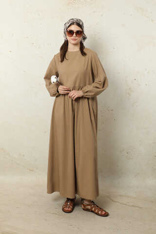 Yelekli Keten Elbise Camel - 3