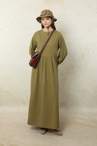 Yelekli Keten Elbise Haki - 2