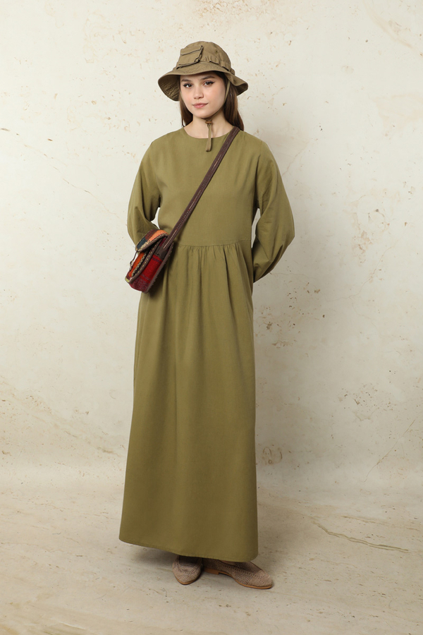 Yelekli Keten Elbise Haki - 2