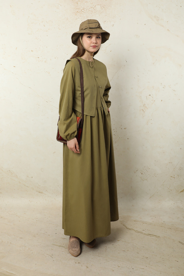 Yelekli Keten Elbise Haki - 5