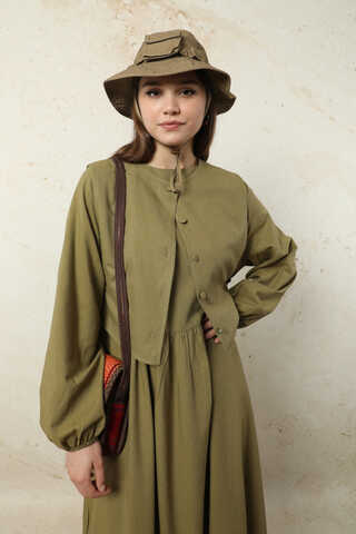Yelekli Keten Elbise Haki - 1