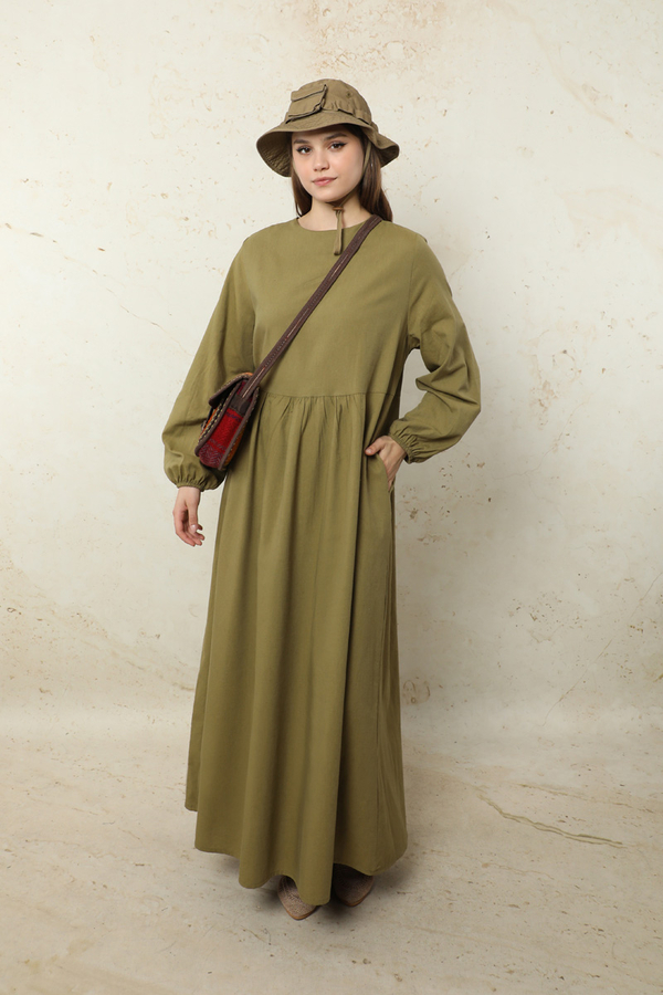 Yelekli Keten Elbise Haki - 4