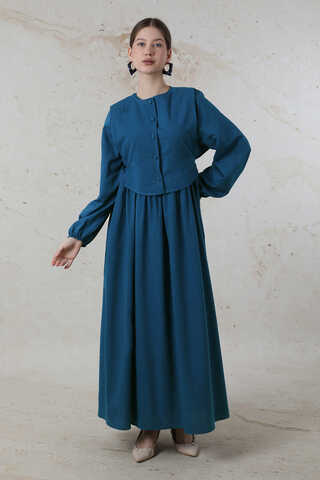 Yelekli Keten Elbise İndigo - 1