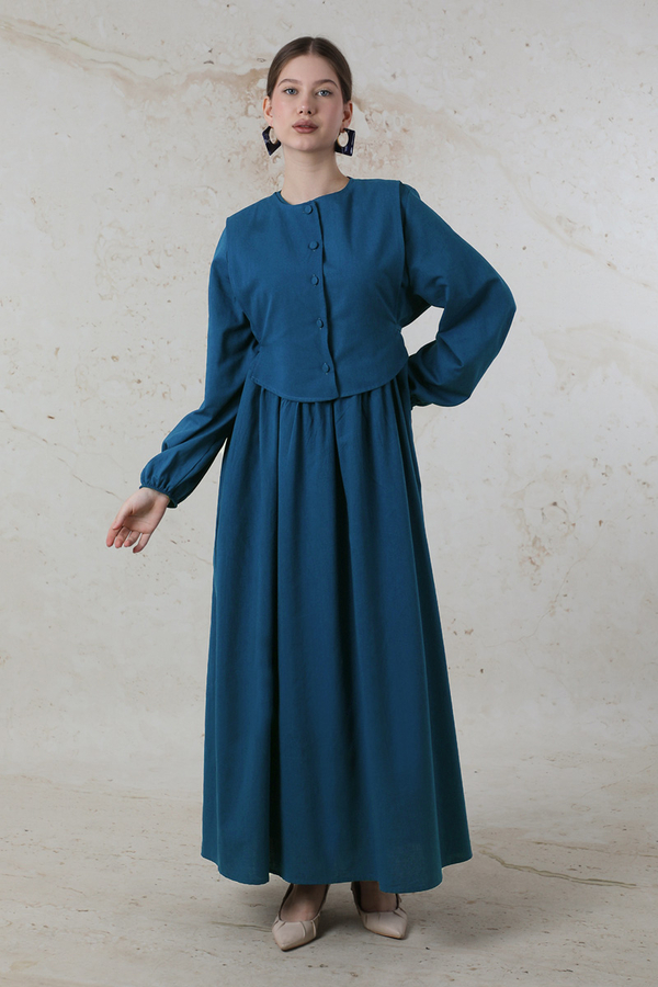 Yelekli Keten Elbise İndigo - 1