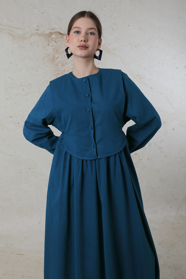 Yelekli Keten Elbise İndigo - 2