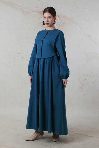 Yelekli Keten Elbise İndigo - 3