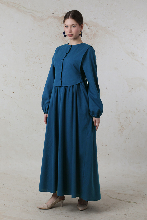 Yelekli Keten Elbise İndigo - 3