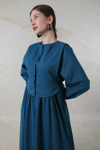 Yelekli Keten Elbise İndigo - 4