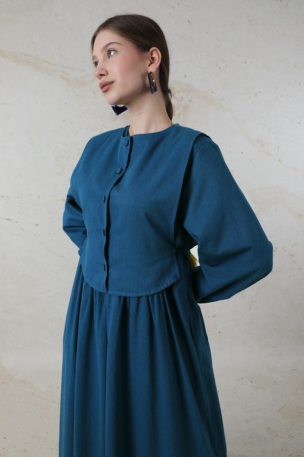 Yelekli Keten Elbise İndigo - 4