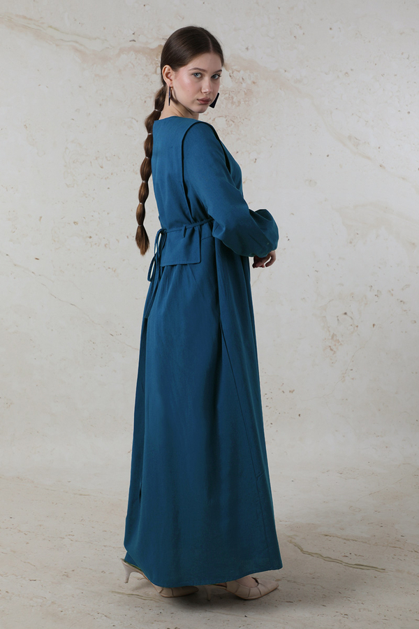 Yelekli Keten Elbise İndigo - 5