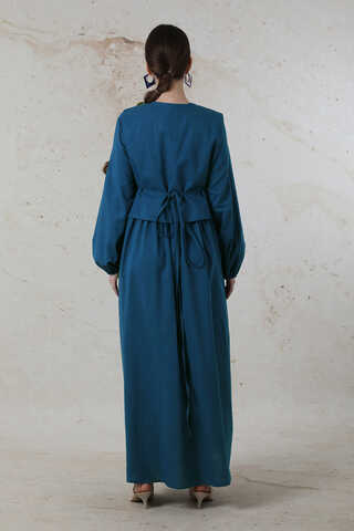 Yelekli Keten Elbise İndigo - 6