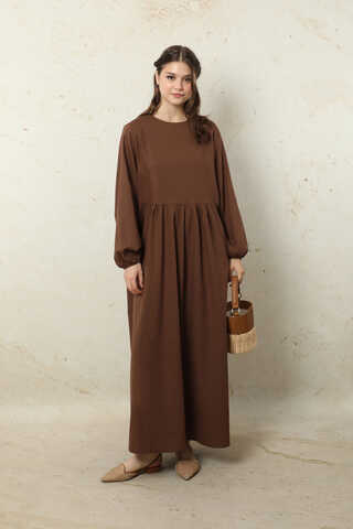 Yelekli Keten Elbise Kahverengi - 1