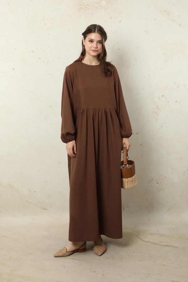 Yelekli Keten Elbise Kahverengi - 1