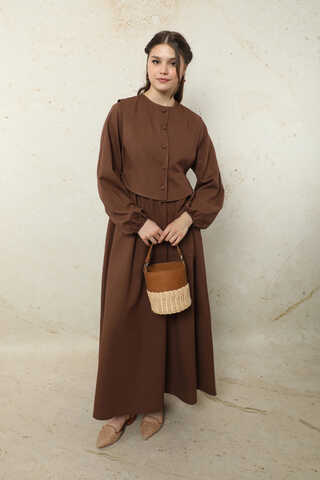 Yelekli Keten Elbise Kahverengi - 2