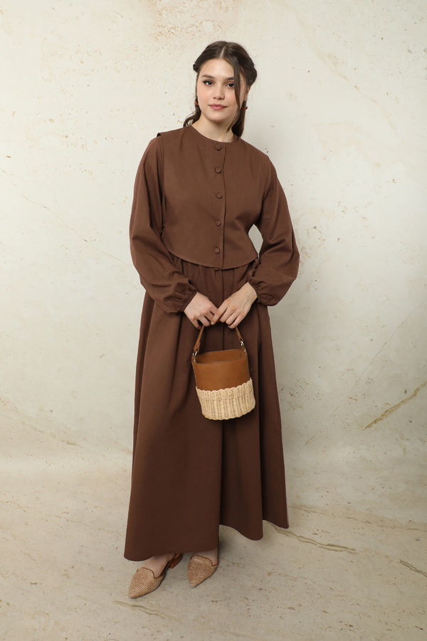 Yelekli Keten Elbise Kahverengi - 2