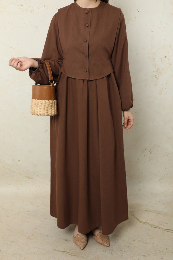 Yelekli Keten Elbise Kahverengi - 4