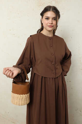 Yelekli Keten Elbise Kahverengi - 3
