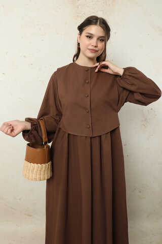 Yelekli Keten Elbise Kahverengi - 5