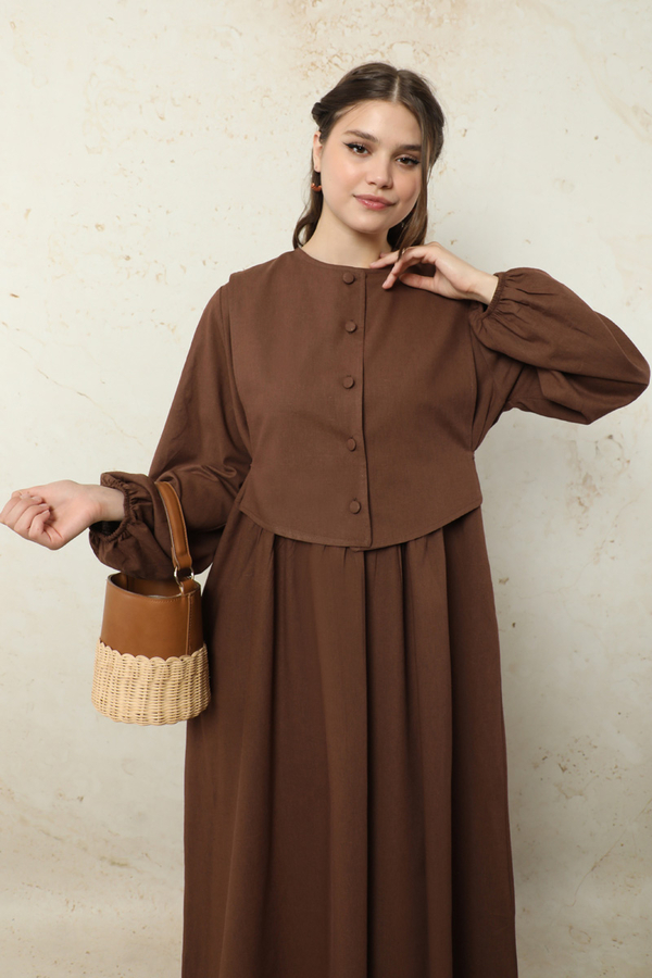 Yelekli Keten Elbise Kahverengi - 5