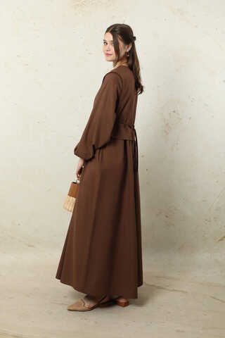 Yelekli Keten Elbise Kahverengi - 6