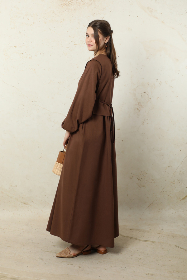 Yelekli Keten Elbise Kahverengi - 6