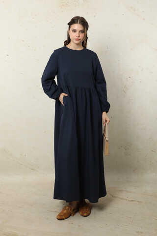 Yelekli Keten Elbise Lacivert - 1