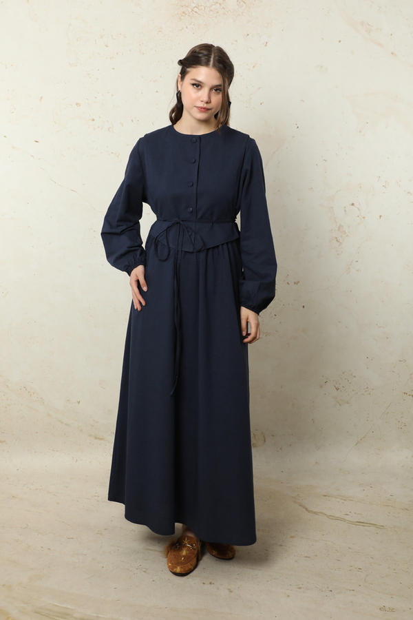 Yelekli Keten Elbise Lacivert - 2