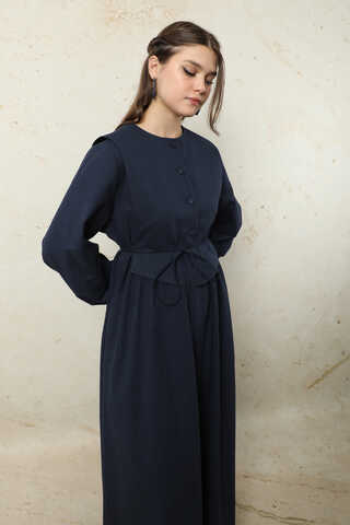 Yelekli Keten Elbise Lacivert - 6