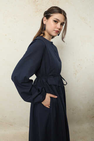 Yelekli Keten Elbise Lacivert - 7