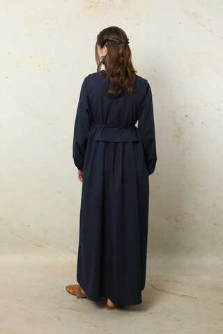 Yelekli Keten Elbise Lacivert - 8