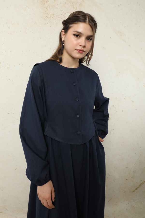 Yelekli Keten Elbise Lacivert - 3
