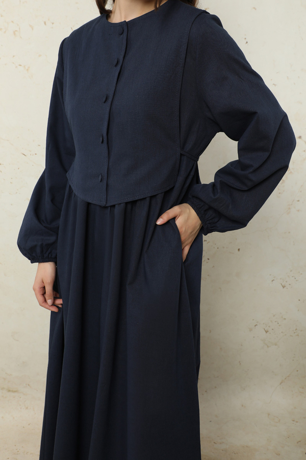 Yelekli Keten Elbise Lacivert - 5