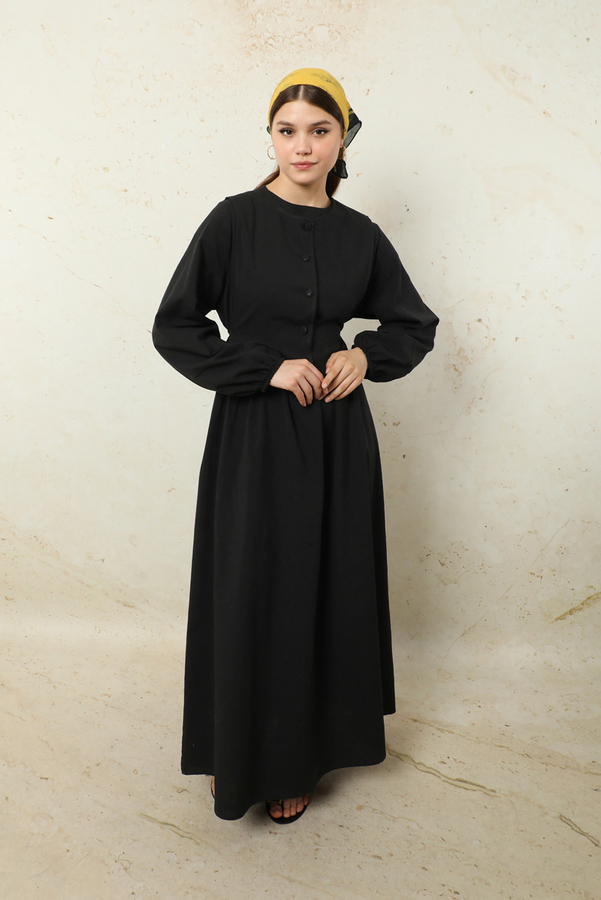 Yelekli Keten Elbise Siyah 