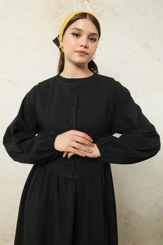 Yelekli Keten Elbise Siyah - 3