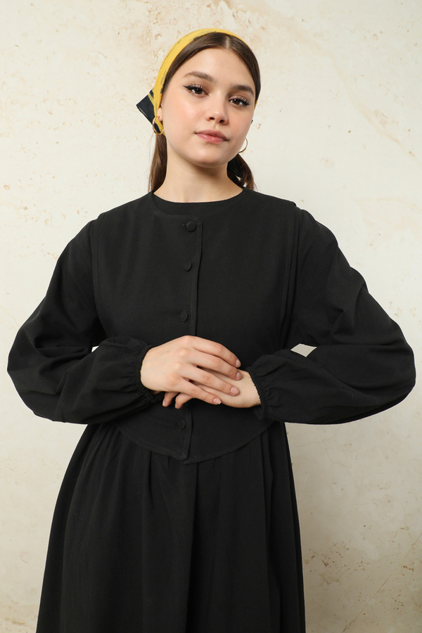 Yelekli Keten Elbise Siyah - 3