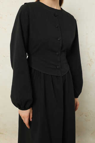 Yelekli Keten Elbise Siyah - 5