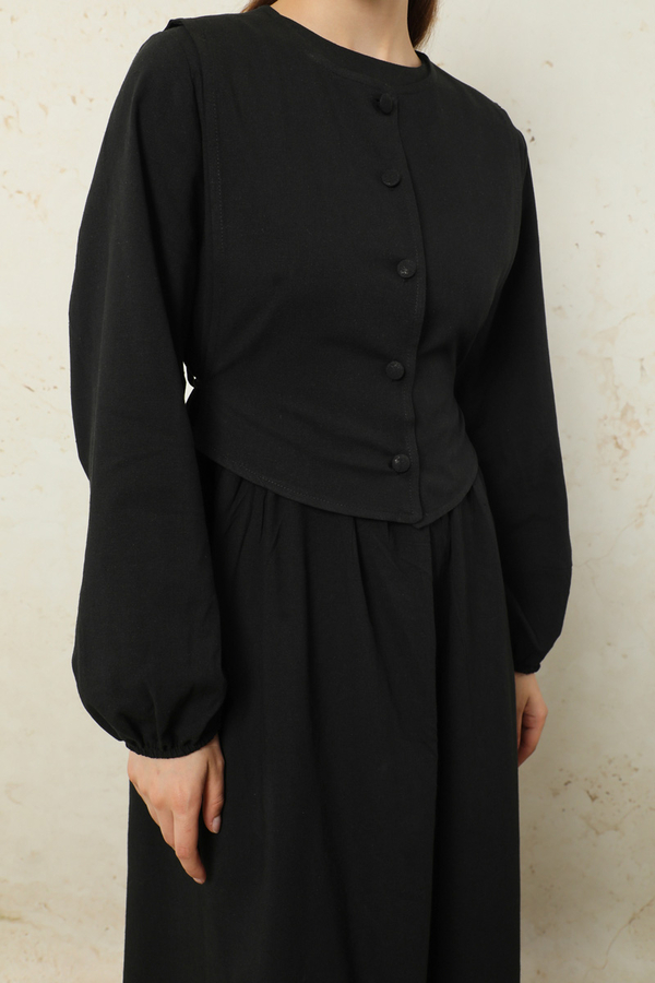 Yelekli Keten Elbise Siyah - 5