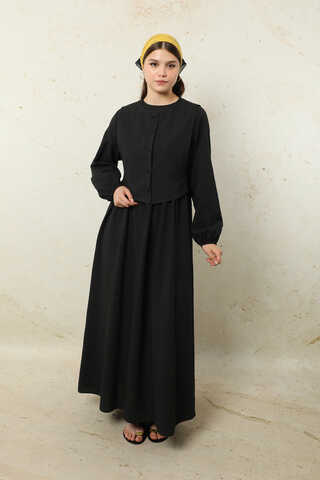 Yelekli Keten Elbise Siyah - 4